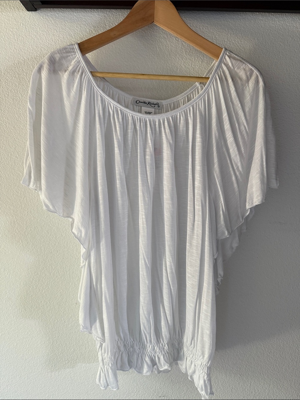 Claudia Richard Dolman Flutter-Sleeve Elastic Waist Blouse, White, Size XL